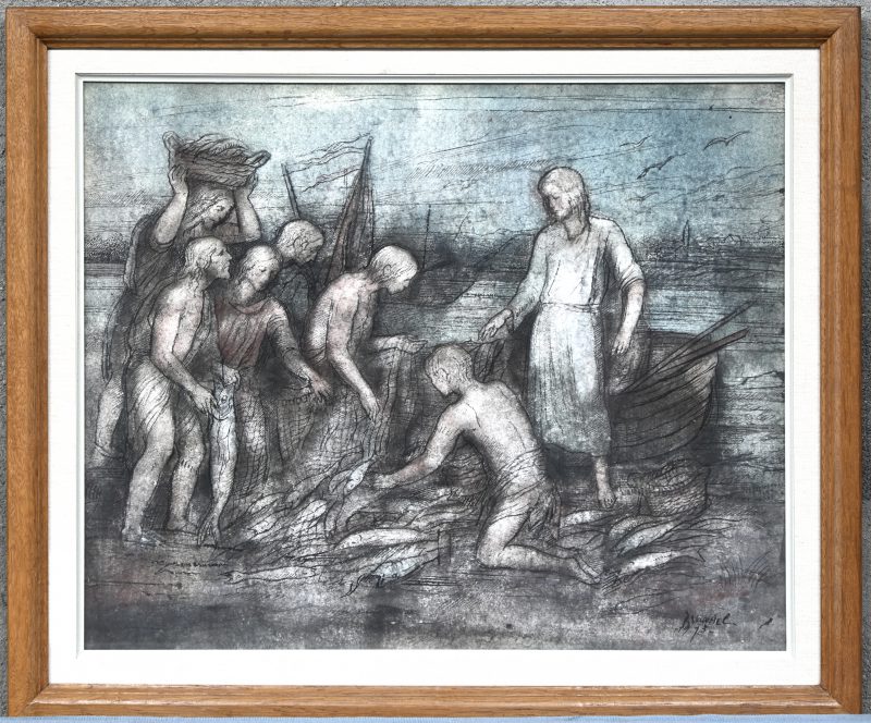 ‘Christus vermenigvuldigd de vissen’, gemengde techniek op papier, getekend J. Van Ael en gedateerd 1973.