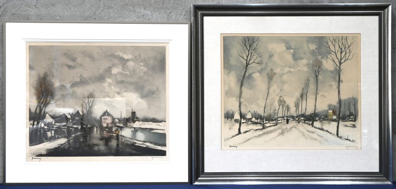 “Winterse landschappen”. Een lot van 2 litho’s op papier, door Albert Saverijs naar Roger Hebbelinck. Gesigneerd en genummerd 307/350 & 262/350 buiten de plaat.