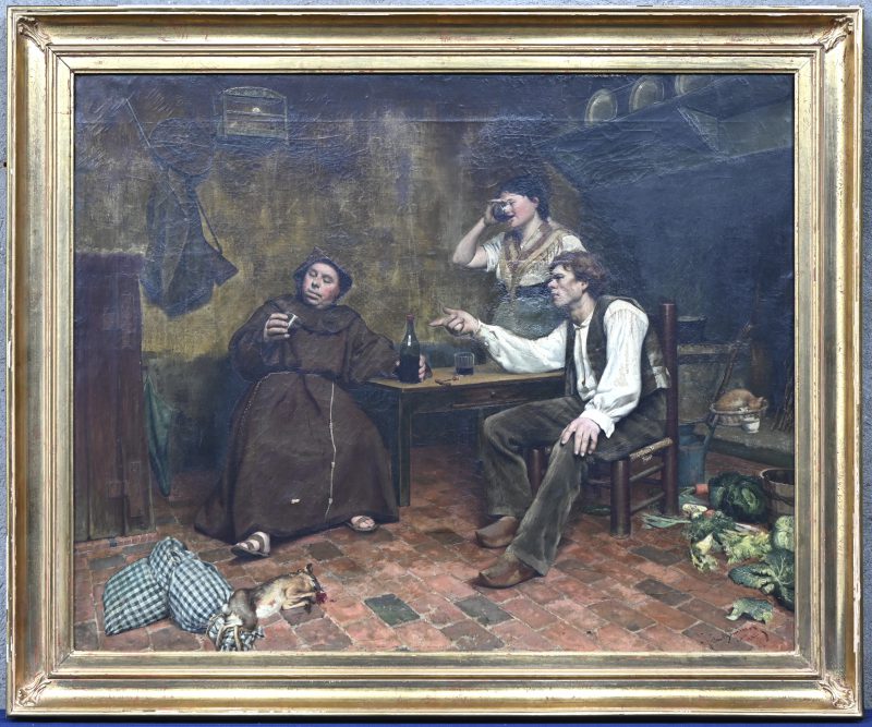 “Wijnproevers”. Een schilderij, olieverf op doek. Onderaan gesigneerd en gedateerd 1887. 2 restauratiepunten en 1 klein letsel.