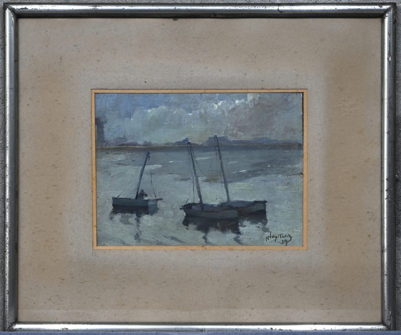 ‘Zeilbootjes te rust’, olieverf op board, getekend Nuyttens en gedateerd 1939.
