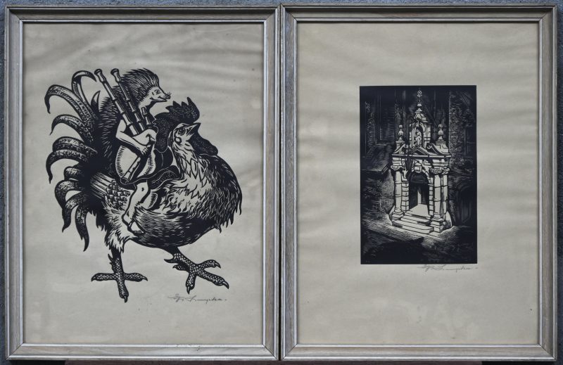 Een lot van twee linoscnedes van Frans Luycks, een egel met doedelzak op de rug van een haan en een pronkerige ingang.
