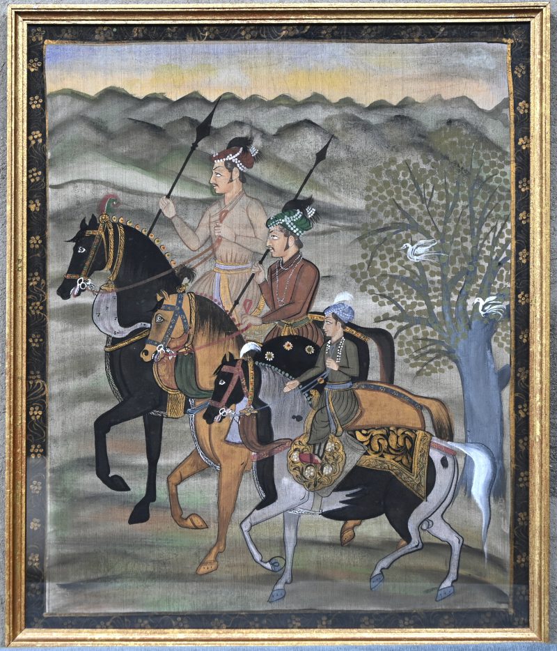 Een schildering op zijde met drie Orîentaalse krijgers.