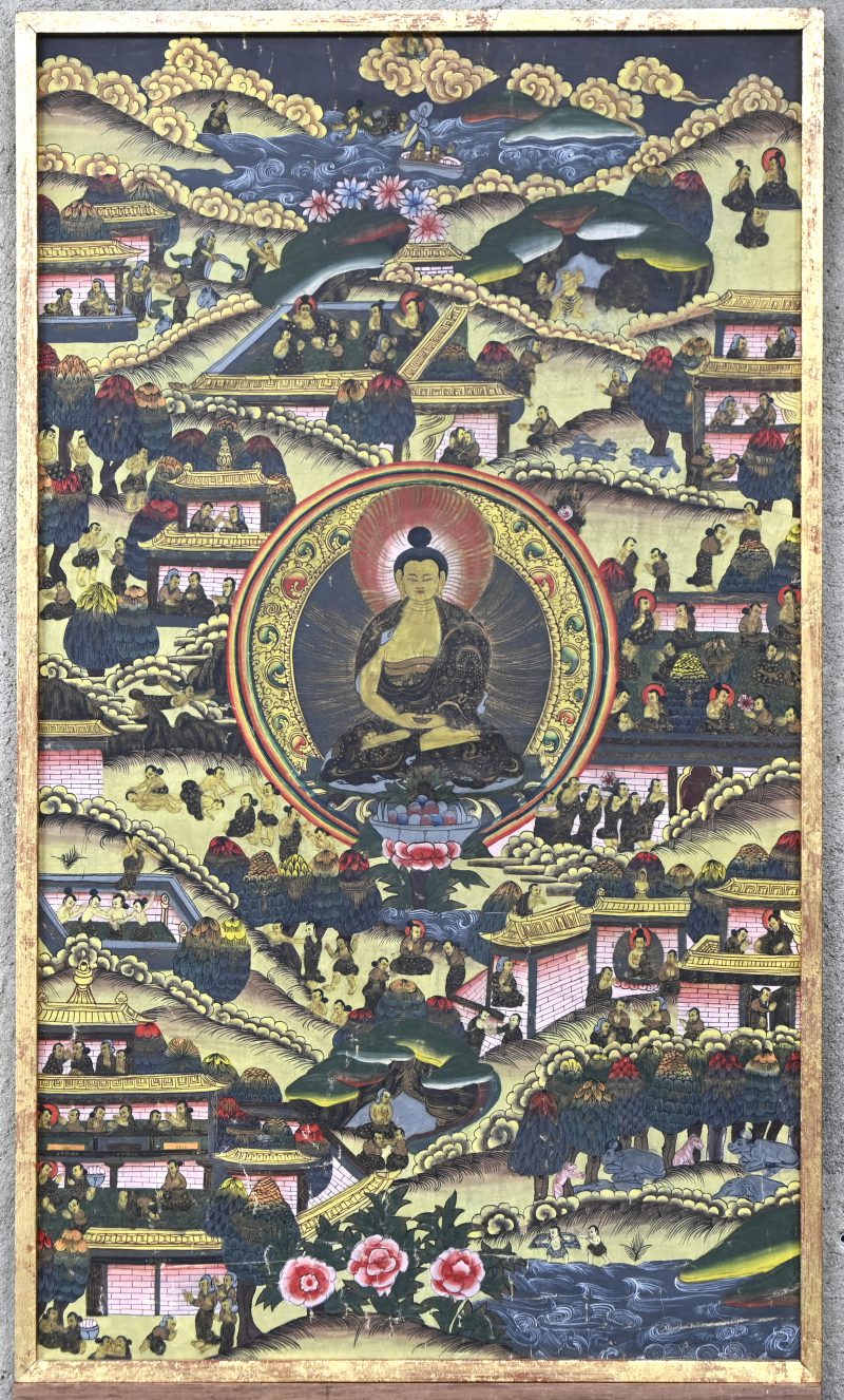 ‘Het levensverhaal van prins Siddharta’, een Buddhistische Thangka op zijde geschilderd.
