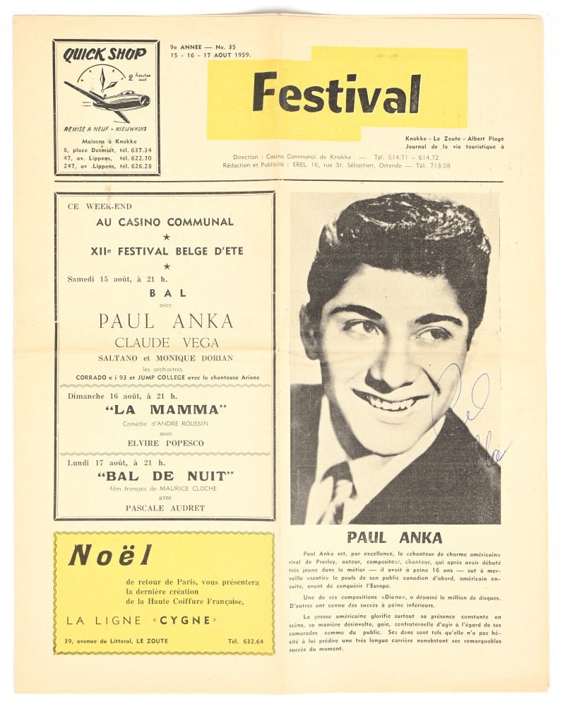 Een handtekening van Paul Anka op een weekblad ‘Communal de Knokke’ augustus ‘59