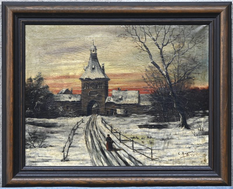 ‘Winterzicht’, olieverf op doek, gesigneerd C. Hagens en gedateerd 1907.