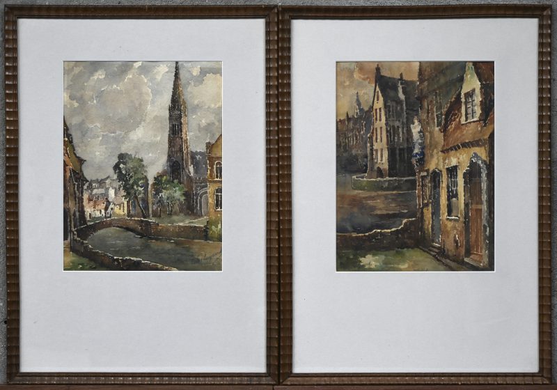 ‘Stadszichten’, een lot van 2 aquarellen op papier, beide gesigneerd Edm. Lagaert.