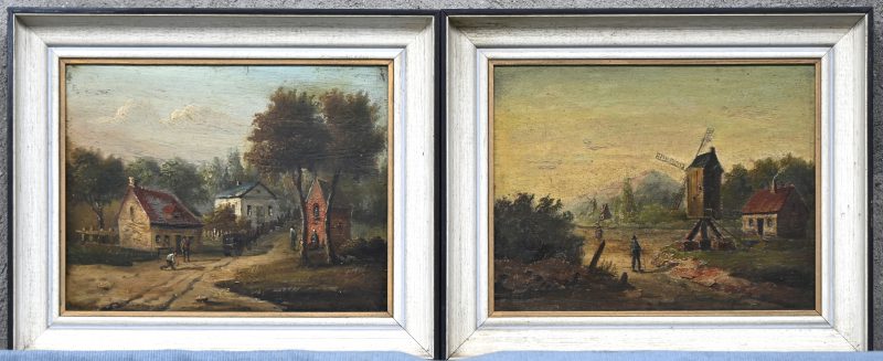“Plattelandsgezichten”. Een lot van 2 schilderijen, olieverf op paneel. 19e eeuws.