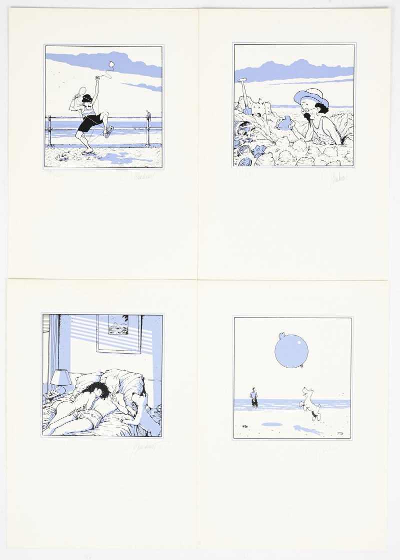 Een portfolio met vier gesigneerde en genummerde, 793/800, zeefdrukken van Jan Bosschaert betreffende de reeks Kuifje.