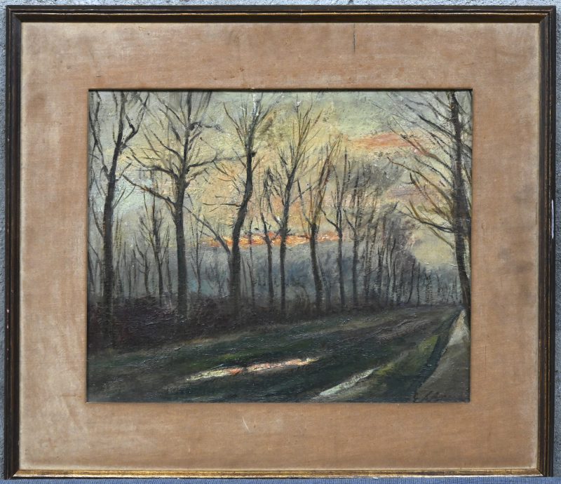 “Bomenrij in de winter met ondergaande zon”. Olieverf op paneel. Gesigneerd rechtsonder.