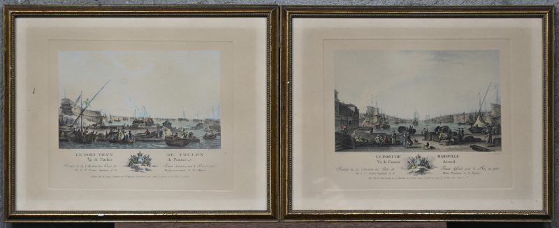 “Le Port de Marseille” en “Le Port Vieux de Toulon”. Een paar kleurengravures door Le Gouaz naar Nicolas Ozanne. Gedrukt medio XXste eeuw.