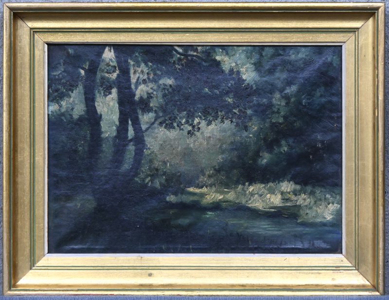 “Boslandschap”. Een schilderij, olieverf op doek. Opschrift aan achterzijde, “V.Put Gerard 28-6-1949.”