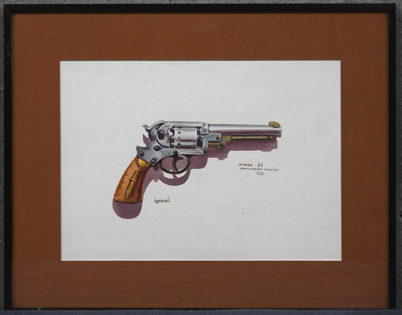 “Starr.44 Percussion revolver 1876”. Een schilderij, aquarel op papier, gesigneerd “Laeremans”.