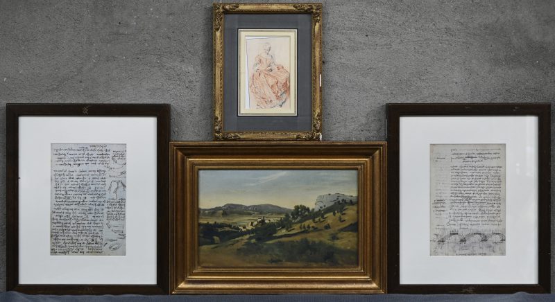 Een reproductie van een tekening van Watteau, Een reproductie van een landschap van Corot, twee van handschriften van Da Vinci. (AID1255 e.v.