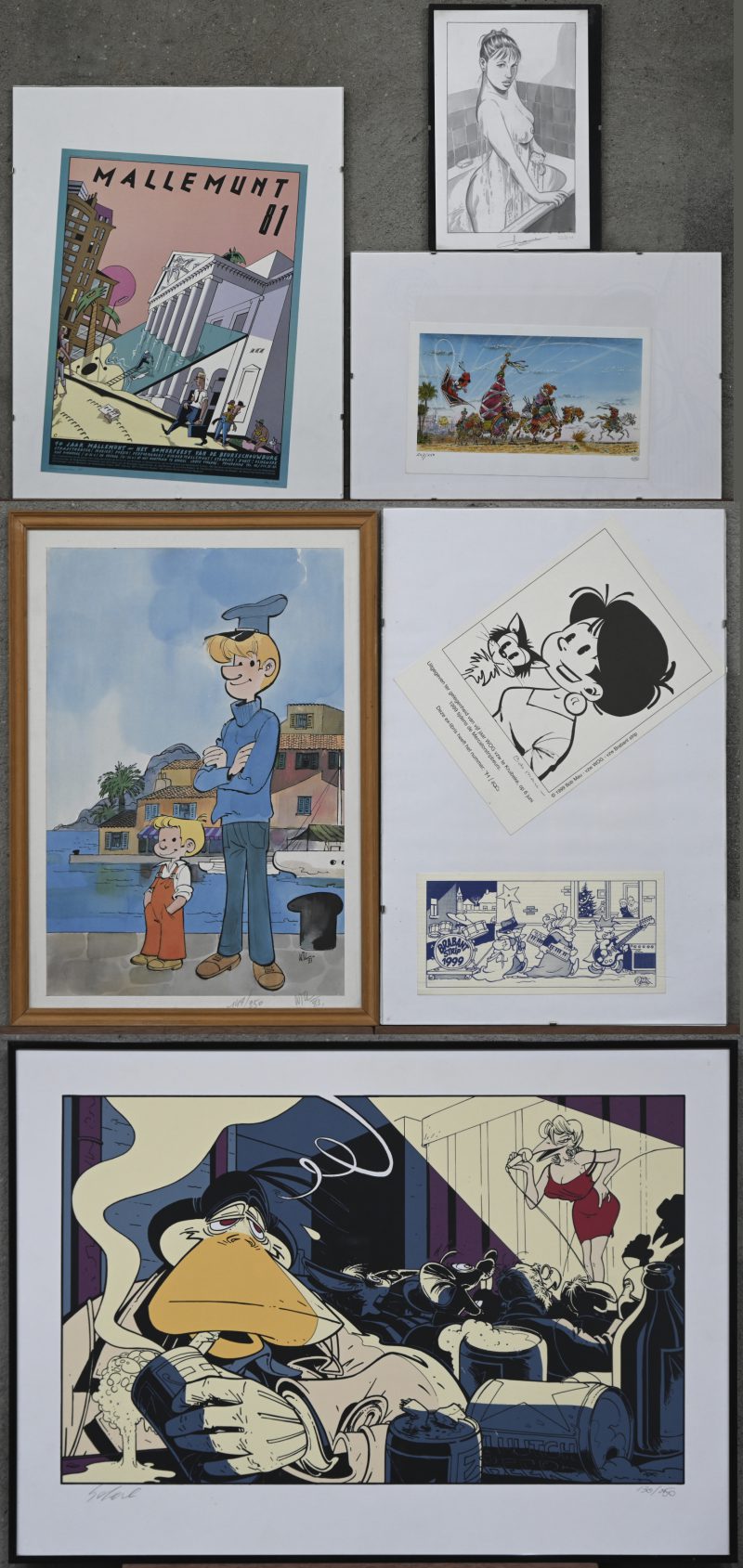 Een lot van 6 sérigrafieen van verscheidene stripfiguren.