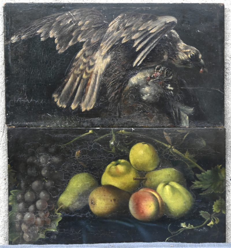 “Vogel en fruit”. Een paar schilderingen, olieverf op paneel. Eind 19e eeuw.