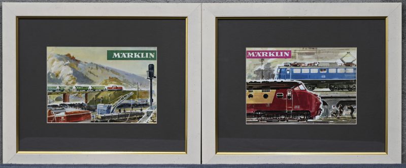 “Märklin”. Een paar prints op papier met thema Marklin treinen.
