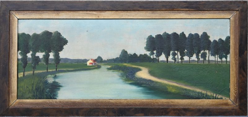 “Huisje aan de rivier”. Een schilderij, olieverf op doek.