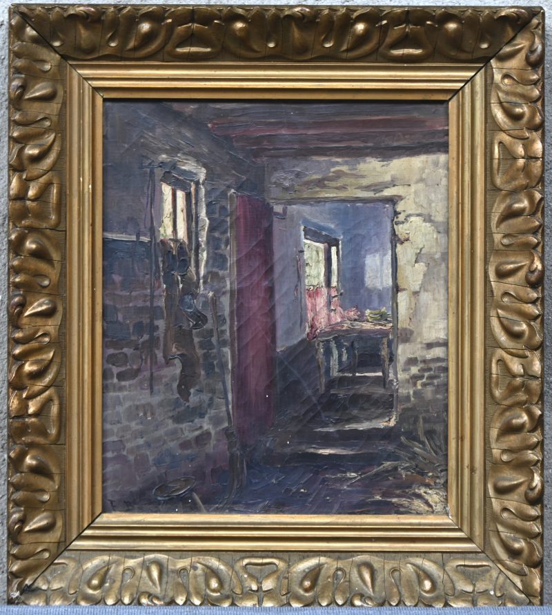 “Interieurzicht vanuit de stal”. Een schilderij, olieverf op doek. Onderaan gemongrammerd F.B.