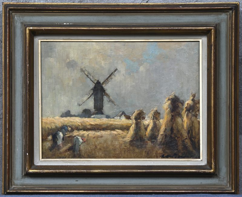 “Landschap met molen”. Een schilderij, olieverf op doek. Onderaan gesigneerd.