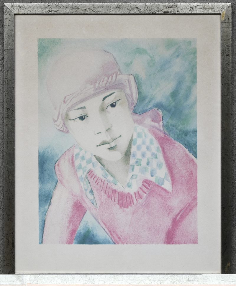 ‘Dame in het roze’, een werk van Serge Creuz, niet gesigneerd.