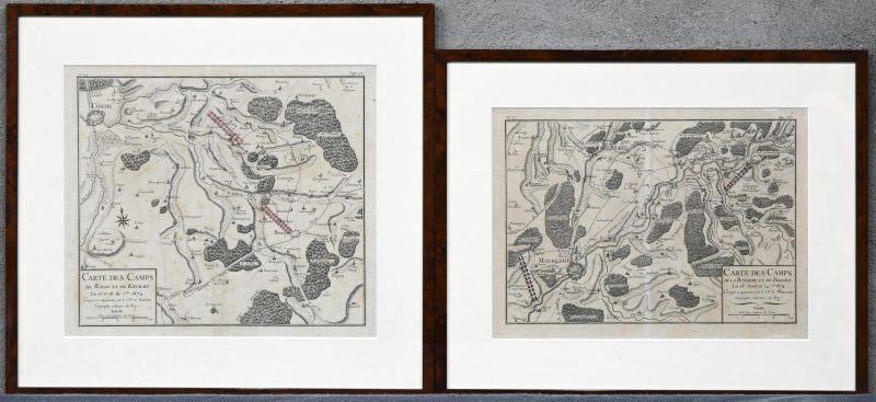 “Carte de Camps”. Een paar landkaartlitho’s op papier. Opschriften “De La Bussiere et de Fegnies” & “De Bavay et de Kievrain”.