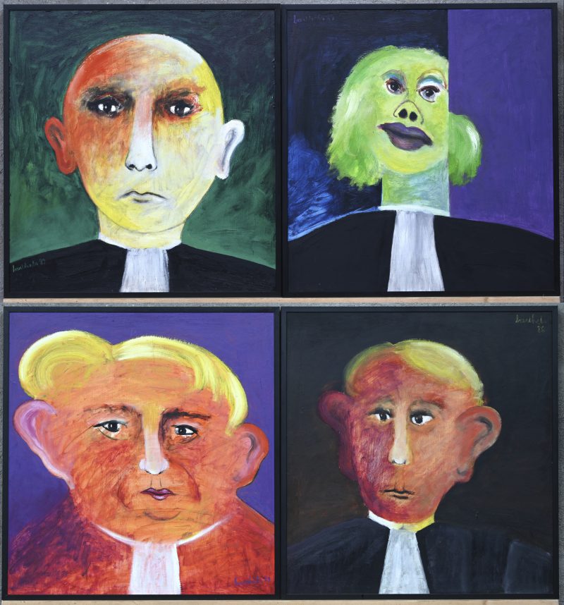 Een lot van 4 geabstraheerde portretten. Schilderij, olieverf op paneel. Gesigneerd “Barthels”. ‘88-’89.