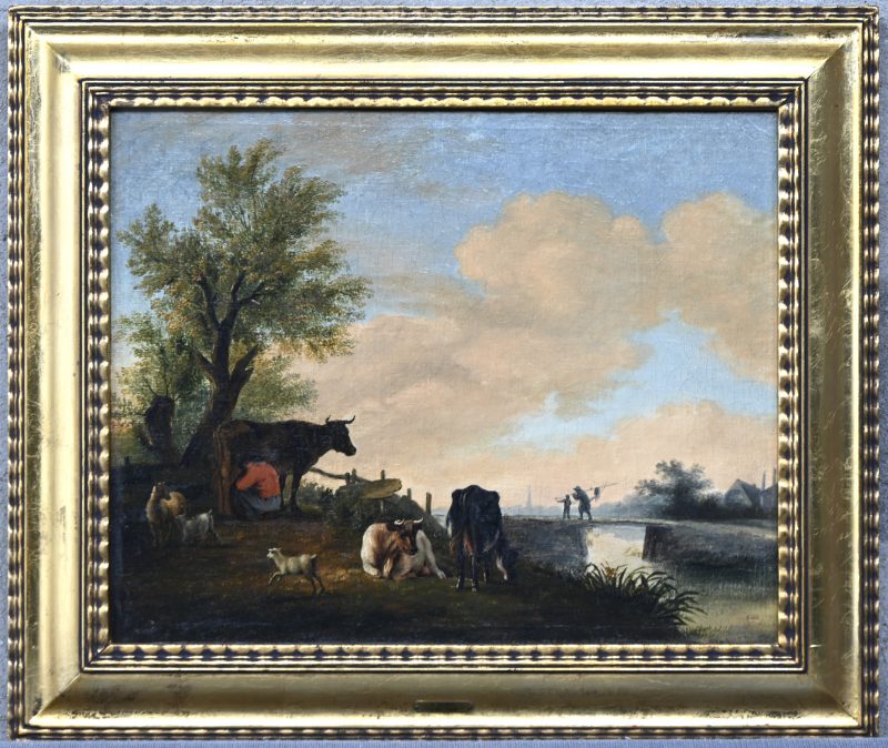 ‘Het melken der veestapel’, olieverf op doek door een volger van A. Klomp, gerestaureerd en herdoekt. 19e eeuws.