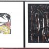 Een lot van 4 moderne grafische werken door verschillende kunstenaars allen in eenzelfde kader waarvan 1 met gebarsten glas.