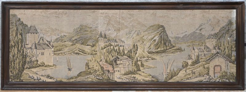 “Berglandschap met kastelen”. Een borduurwerk op doek, op paneel.