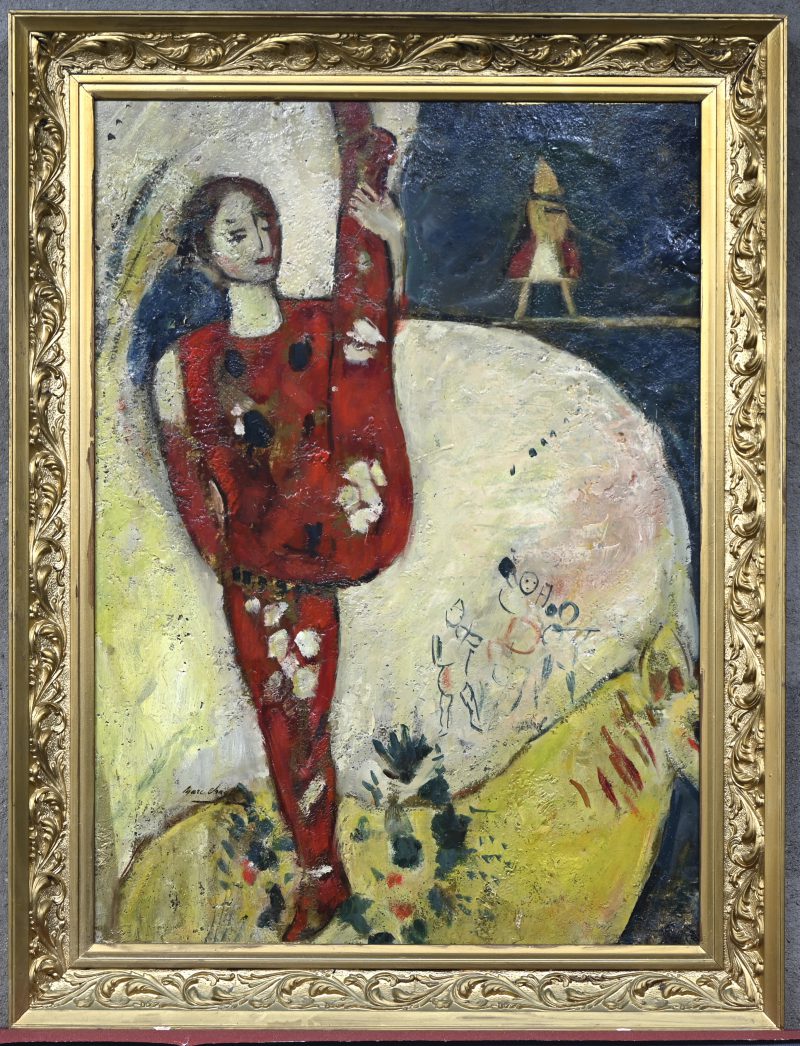 Een schilderij, gemengde techniek op board. Naar het werk “Circusruiters” door Marc Chagall.