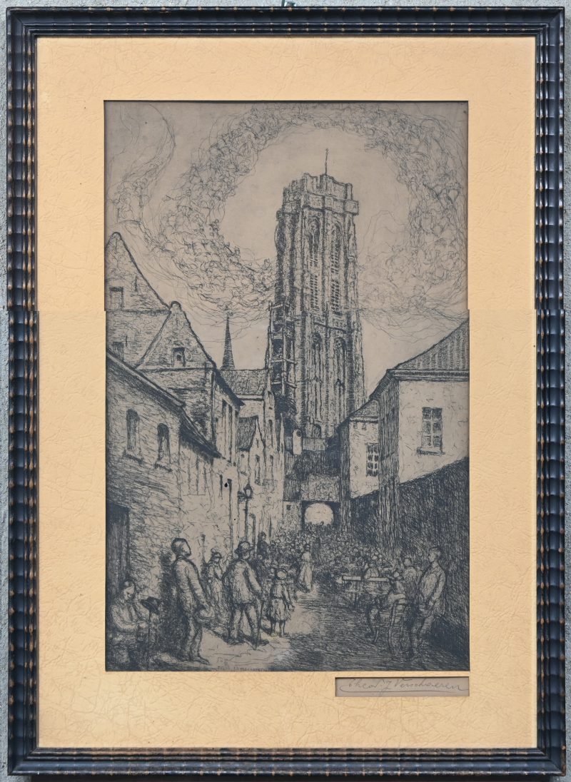 ‘De Romboutstoren te Mechelen’, ets op papier, getekend Theo J. Verschaeren.