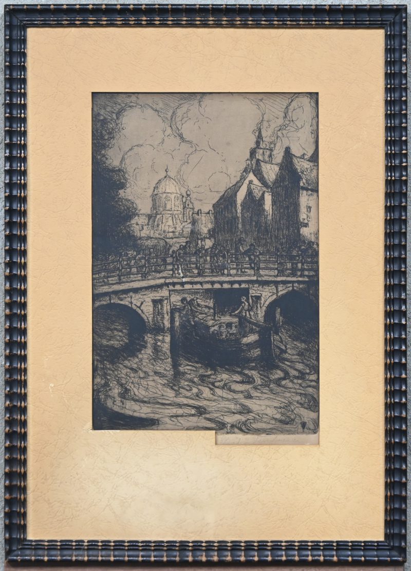 ‘Boot onder de brug’, ets op papier, getekend Theo J. Verschaeren