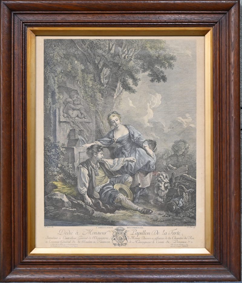 ‘Dédié à Monsieur Papillon De La Ferté. Een ingekleurde gravure in houten kader.