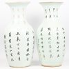 Twee Chinese vazen in porselein, de ene met een decor van een variatie aan flora, de andere met enkele dames. Beide achteraan voorzien van tekst.