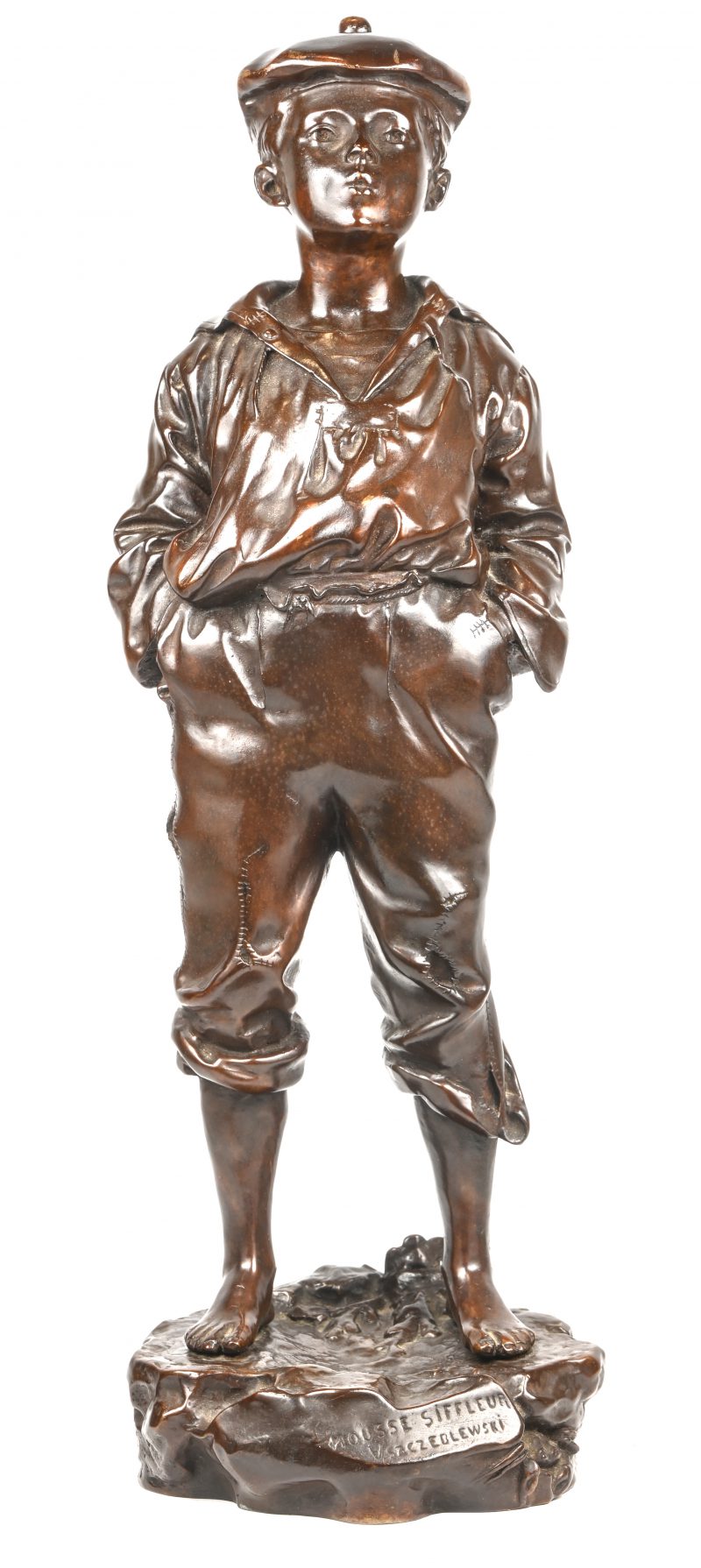 “Mousse siffleur”. Een bruingepatineerd bronzen beeld. Onderaan gesigneerd.