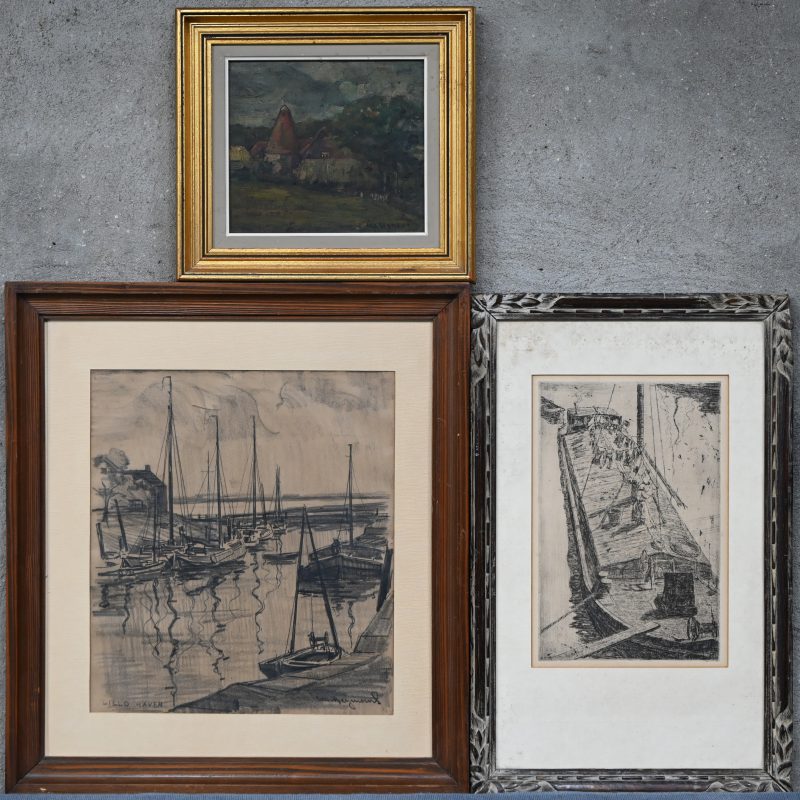 Een lot van drie werken van Casimir Heymans bestaande uit: ‘Lilo haven’, een tekening op papier, ‘Wasdag’, een ets op papier en een Ardeens dorpszicht, olieverf op schilderspaneel.