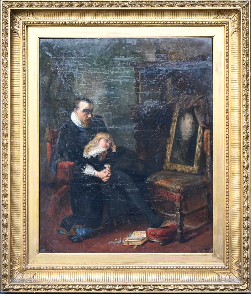 ‘Vader en dochter in rouw’, olieverf op doek, door Edward Charles Barnes. 19e eeuws. Herdoekt.