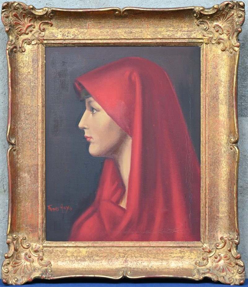 ‘Gesluierd in het rood’, olieverf op doek gesigneerd Frans Hilys.