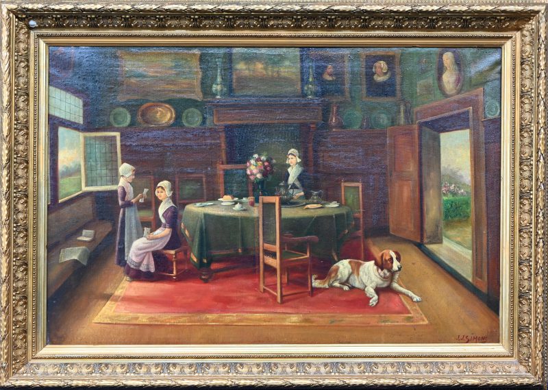 ‘Interieur met dames en hond’, olieverf op doek in vergulde kader, getekend J. J. Simons.