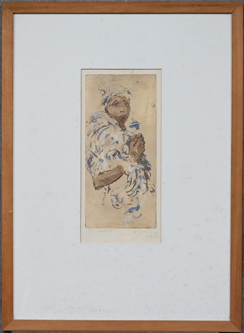 “Indonesisch portret”. Een aquatint op papier, onderaan onleesbaar gesigneerd. Gedateerd Praag ‘85, genummerd 3/5.