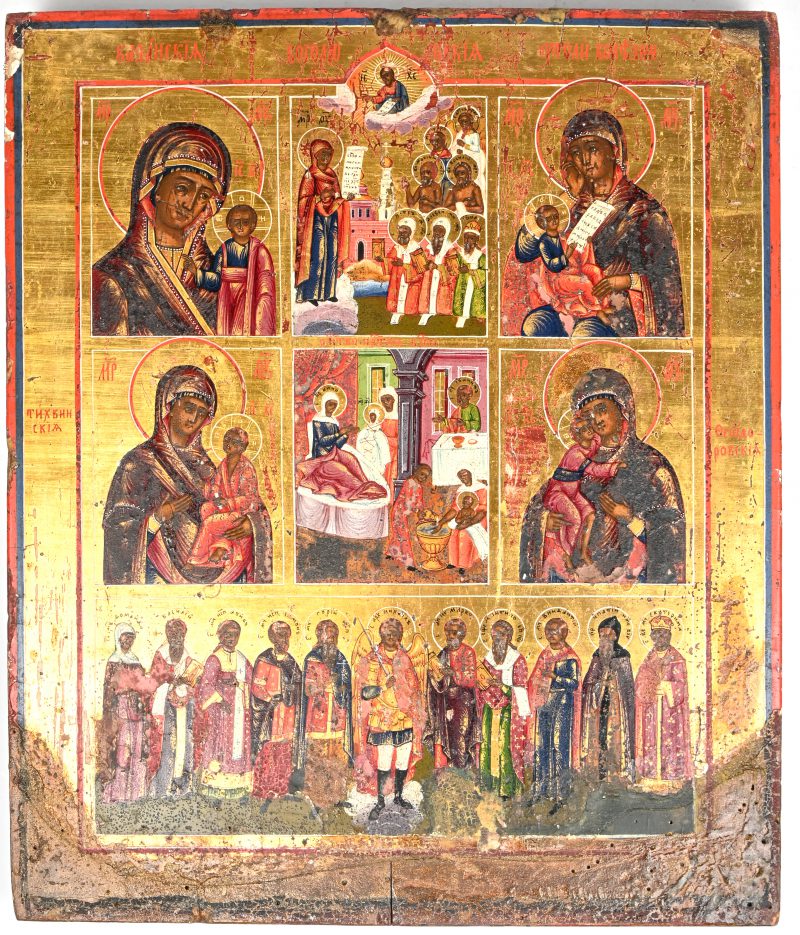Een 19e eeuws Russisch icoon met diverse moeders des Gods.