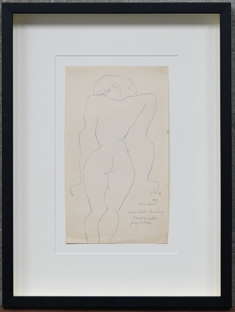 “Vrouwelijk naakt”. Een tekening op papier. Onderaan gesigneerd en gedateerd 1928.