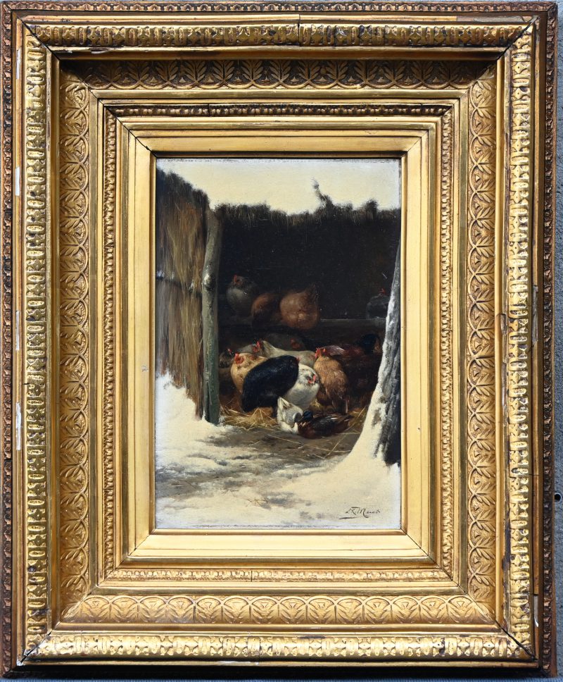 “Twee eenden in het kippenhok”. Een schilderij, olieverf op paneel. Onderaan gesigneerd, begin 20e eeuw.