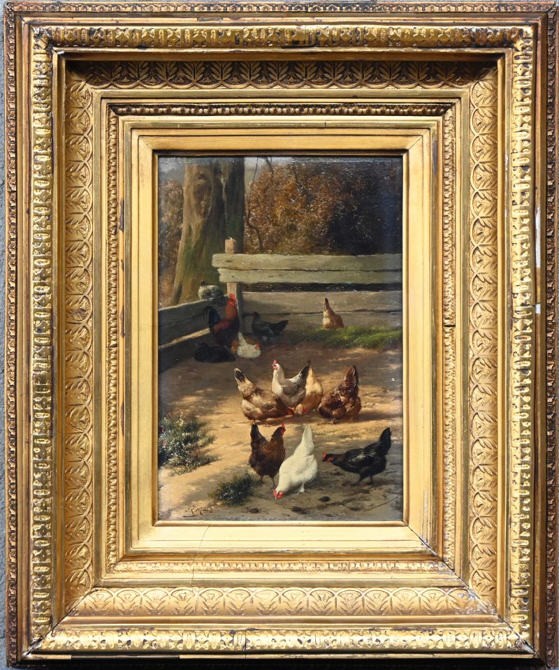 “Zicht op het kippenerf”. Een schilderij, olieverf op paneel. Onderaan gesigneerd, begin 20e eeuw.