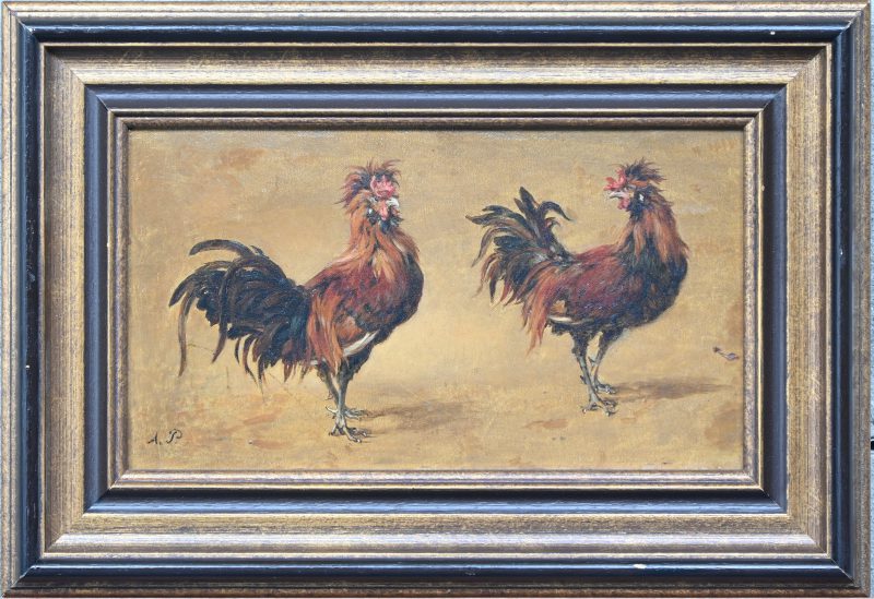 “Twee Hanen”. Een schilderij, olieverf op doek op paneel, draagt monogram “A.P.”. 19e eeuw.
