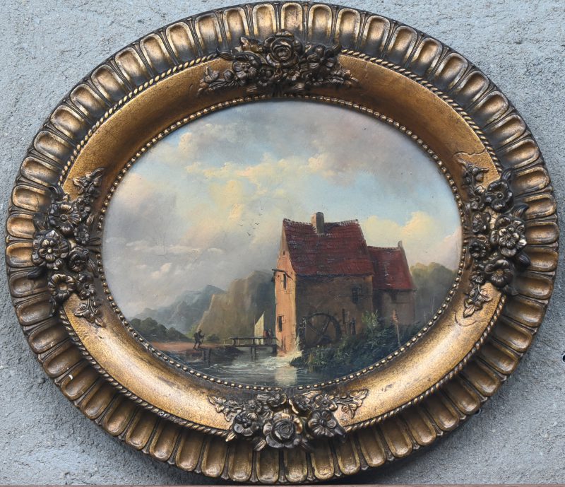 “Zicht op de watermolen”. Een schilderij, olieverf op paneel in ovalen gesculpteerd kader. Paneel verso gemerkt “Muller Fils a Paris”.