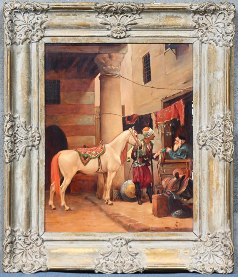 Een schilderij met handelslui en paard, olieverf op paneel. Draagt een monogram en gedateerd 1902.