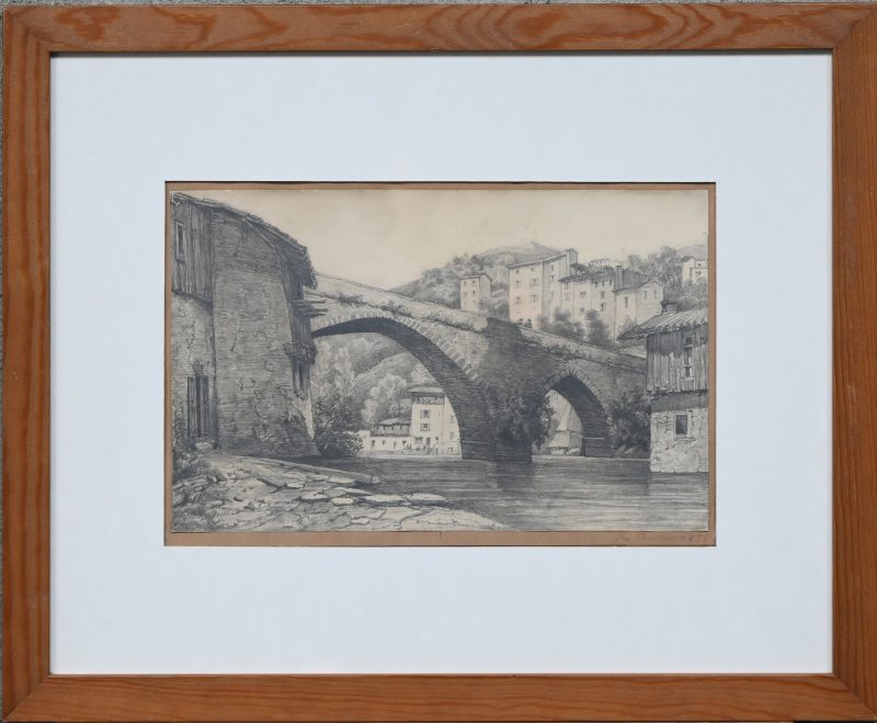Een zicht op een brug te Frankrijk of Italie, potloodtekening, onduidelijk gesigneerd buiten de tekening en gedateerd 1858.