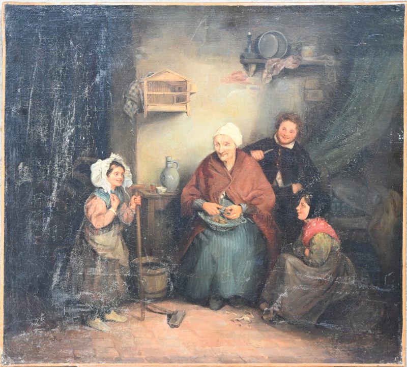 “Grootmoeder met kinderen”. Een schilderij, olieverf op doek. Niet gesigneerd, toegeschreven aan echtgenote van Jean Baptiste Madou, 19e eeuw.