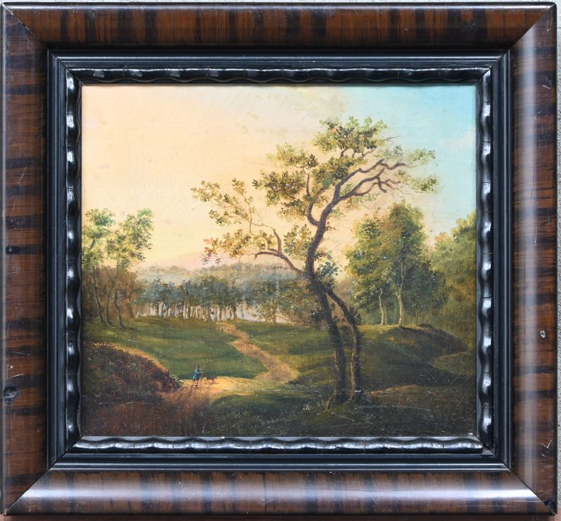 “Boslandschap met wandelaar”. Een schilderij, olieverf op doek. Eind 19e eeuw.